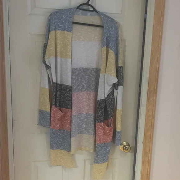 Tribal Jeans Lightweight Soft Open Front Striped Oversized Long Cardigan Sweater - Picture 1 of 6